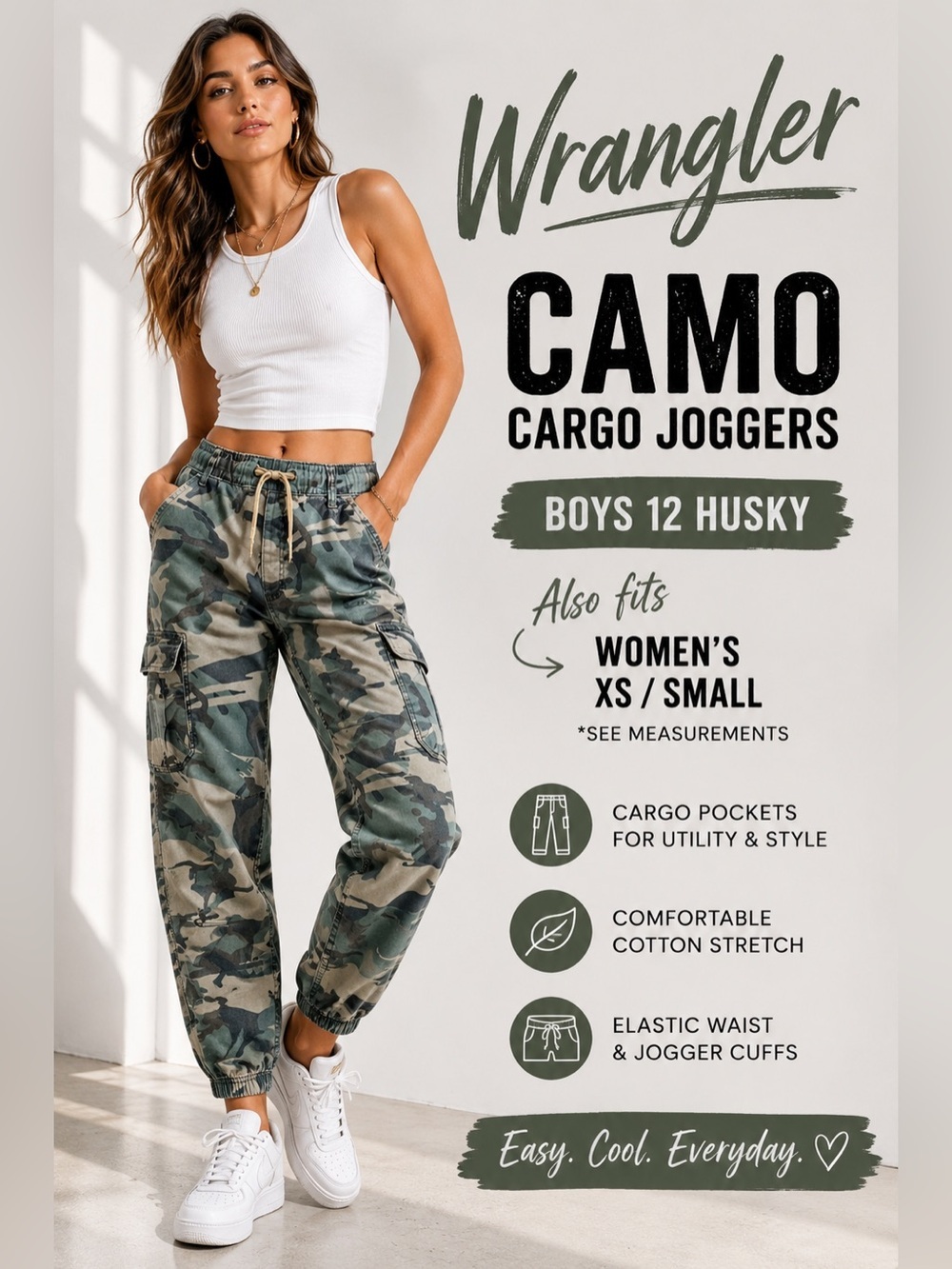 Wrangler Camo Cargo Jogger Pants Boys 12 Husky Fits Women’s XS/S